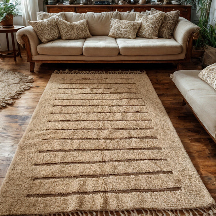 Beni Ourain wool rug in natural ivory tones with minimalist linework, styled in a cozy living room with beige sofa and patterned pillows.