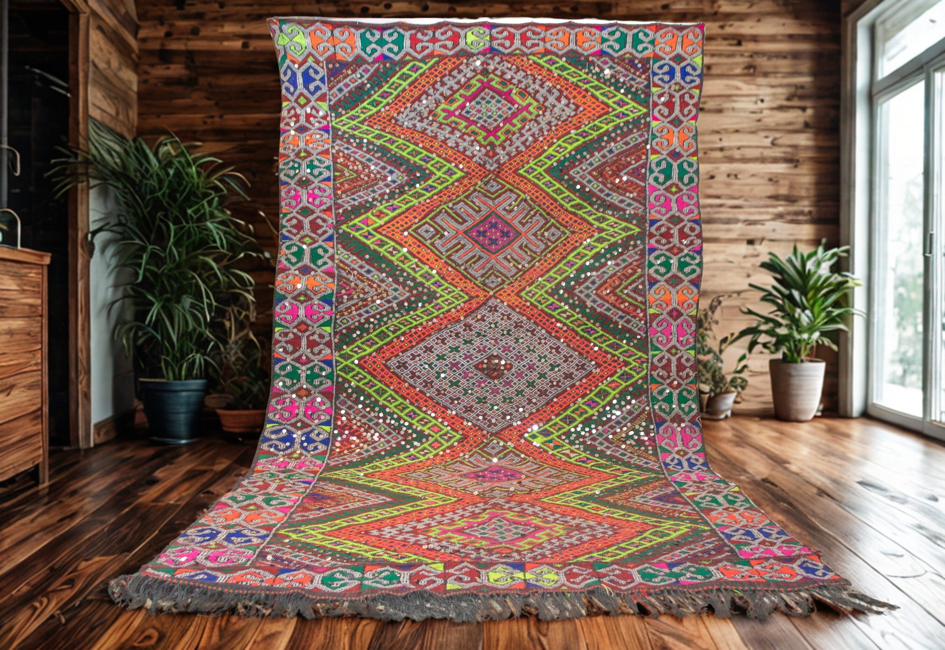 Colorful patterned rug on a wooden floor with plants and a wooden cabinet in the background.