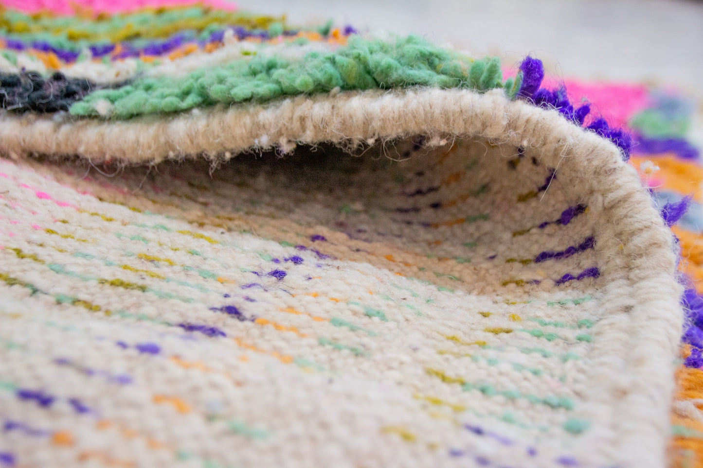 Boujaad Pile Rug — Fuchsia Field with Rainbow Side Band & Jewel Diamonds