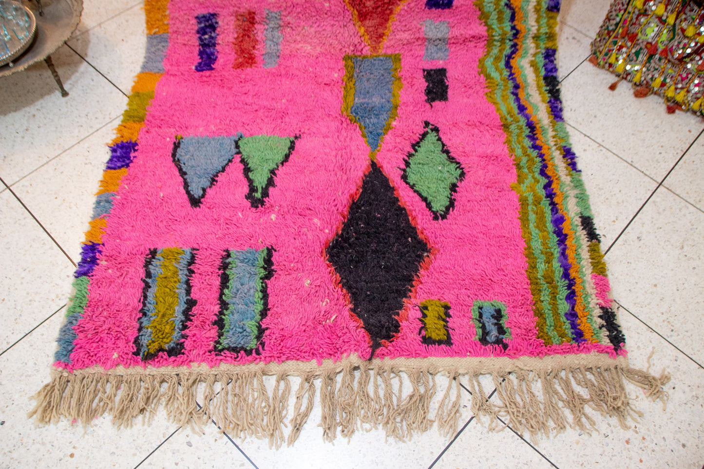 Boujaad Pile Rug — Fuchsia Field with Rainbow Side Band & Jewel Diamonds