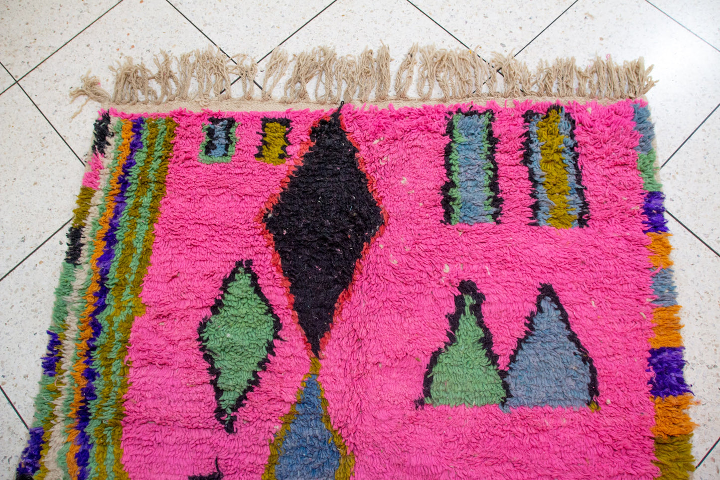 Boujaad Pile Rug — Fuchsia Field with Rainbow Side Band & Jewel Diamonds