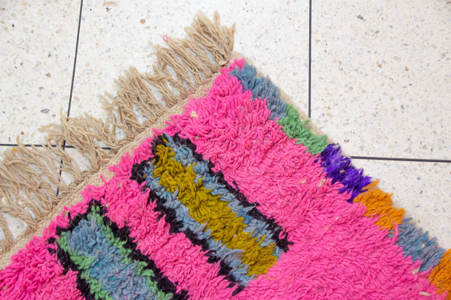 Boujaad Pile Rug — Fuchsia Field with Rainbow Side Band & Jewel Diamonds