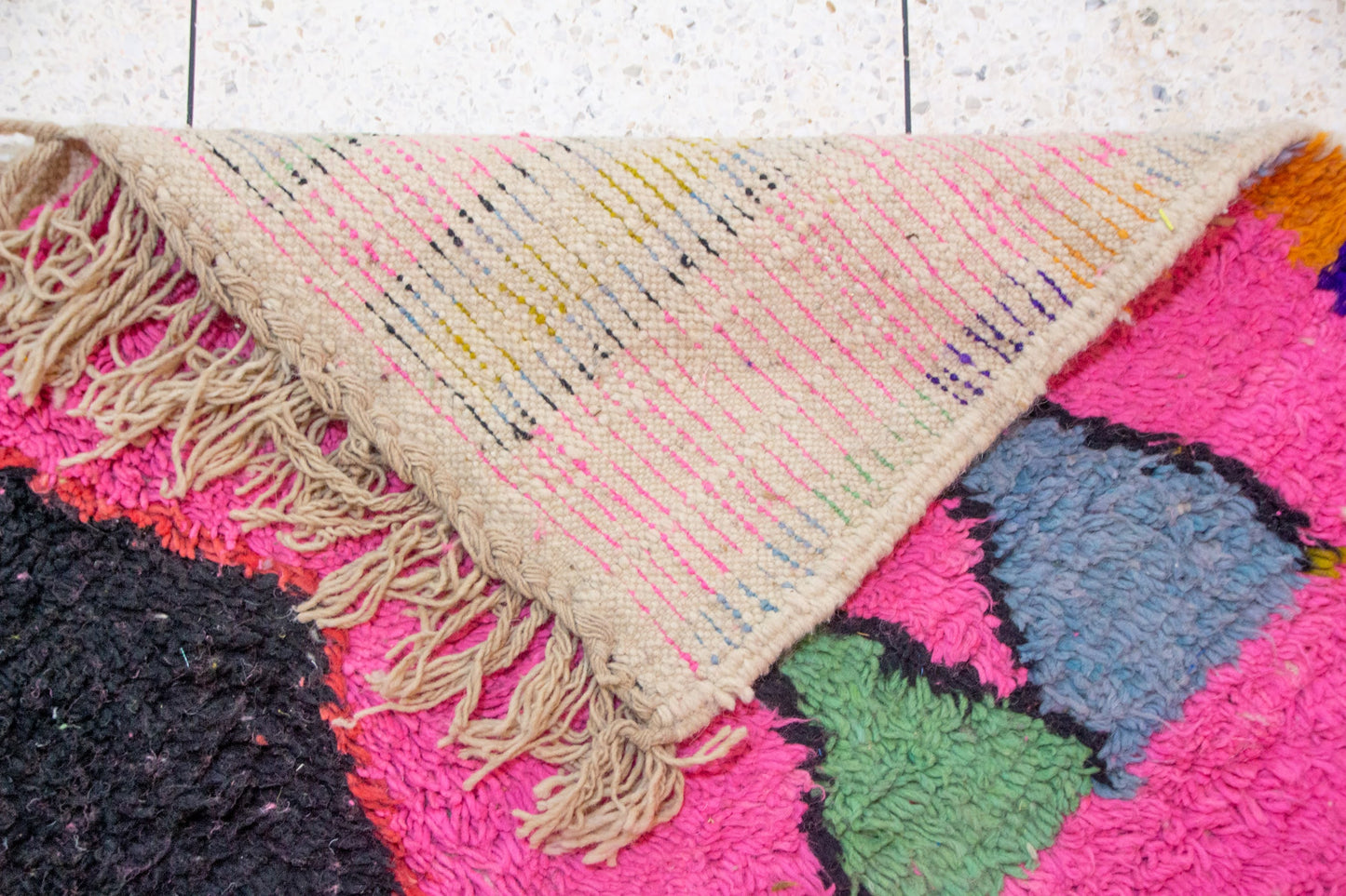 Boujaad Pile Rug — Fuchsia Field with Rainbow Side Band & Jewel Diamonds