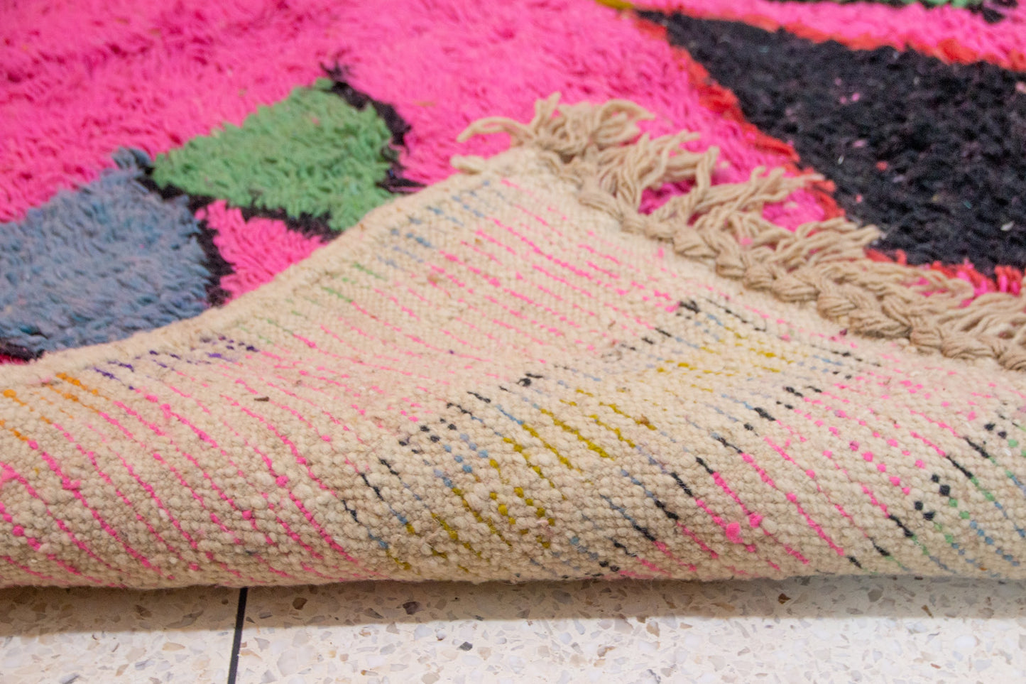 Boujaad Pile Rug — Fuchsia Field with Rainbow Side Band & Jewel Diamonds