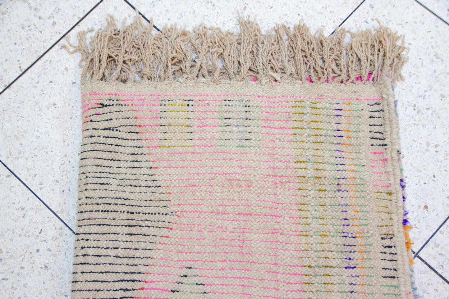 Boujaad Pile Rug — Fuchsia Field with Rainbow Side Band & Jewel Diamonds