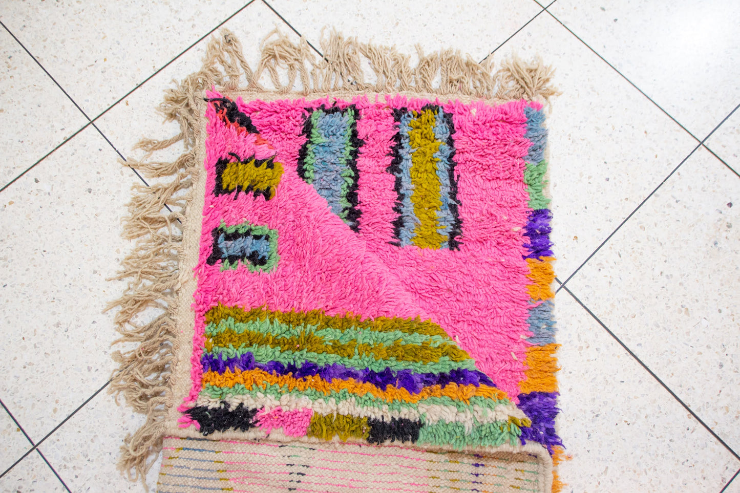 Boujaad Pile Rug — Fuchsia Field with Rainbow Side Band & Jewel Diamonds