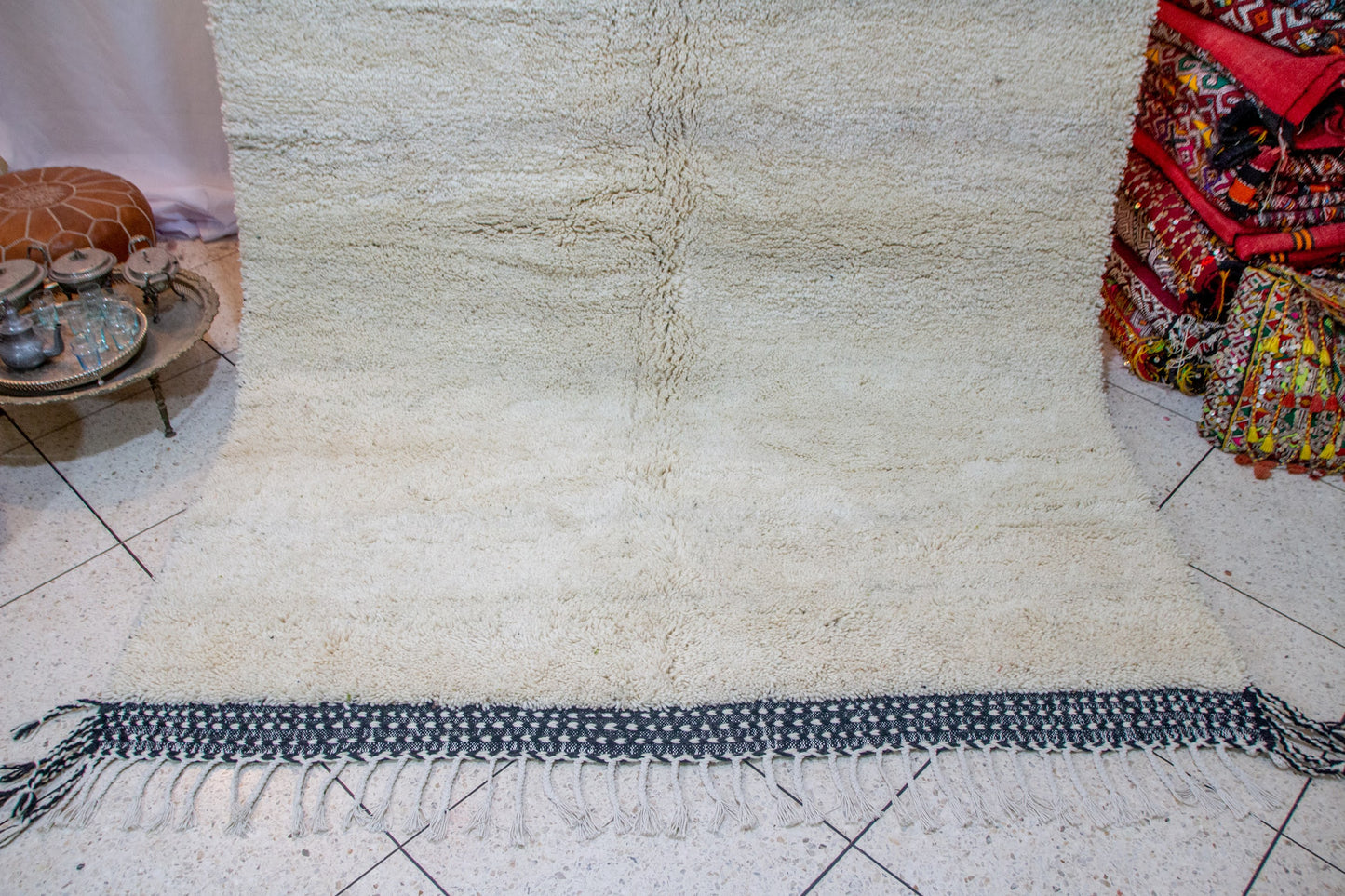 Beni Ourain Pile Rug — Ivory Abrash with Indigo Check Bands