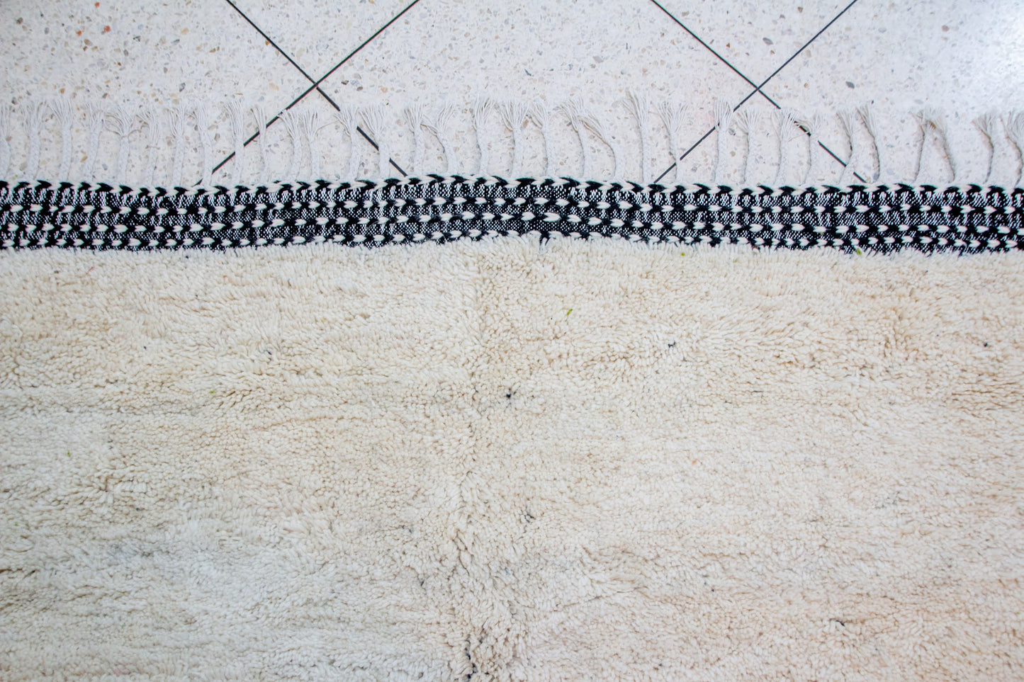 Beni Ourain Pile Rug — Ivory Abrash with Indigo Check Bands