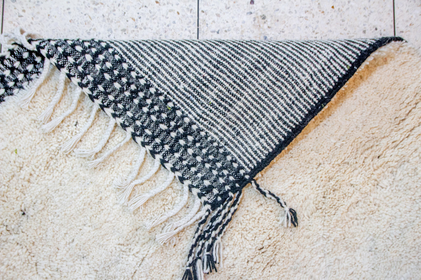 Beni Ourain Pile Rug — Ivory Abrash with Indigo Check Bands
