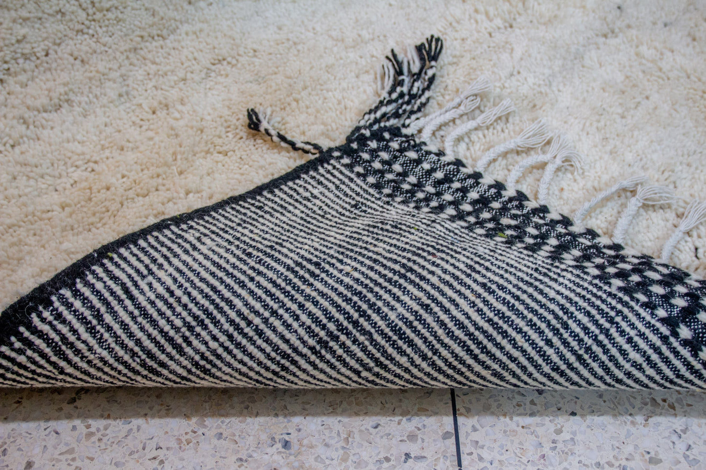 Beni Ourain Pile Rug — Ivory Abrash with Indigo Check Bands