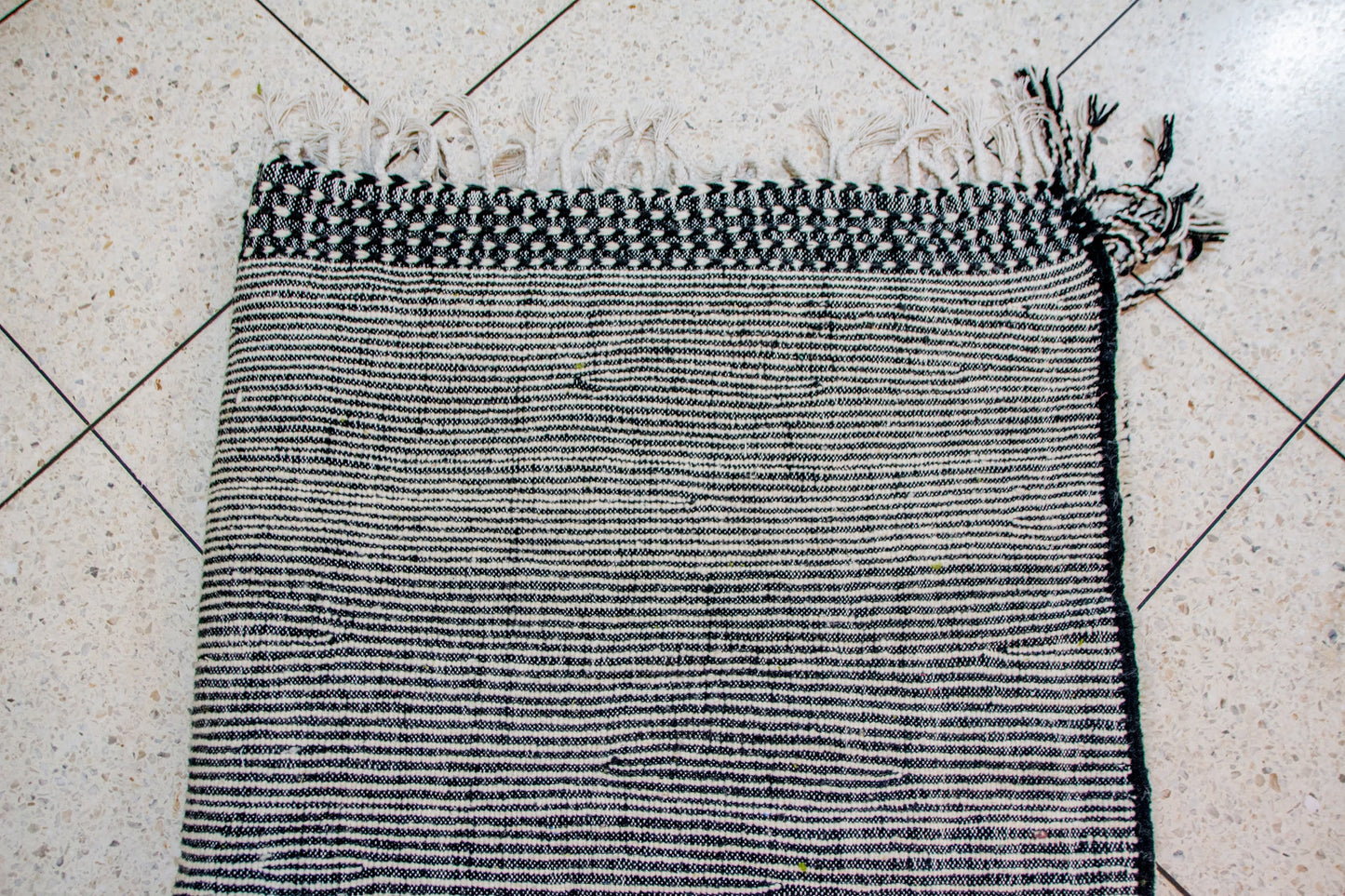 Beni Ourain Pile Rug — Ivory Abrash with Indigo Check Bands