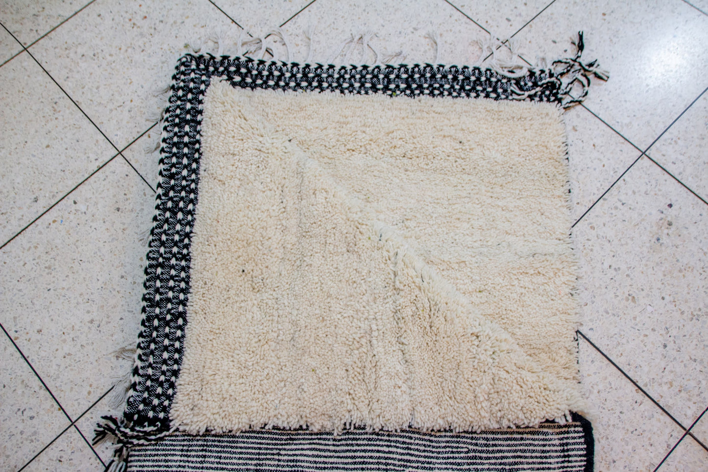 Beni Ourain Pile Rug — Ivory Abrash with Indigo Check Bands