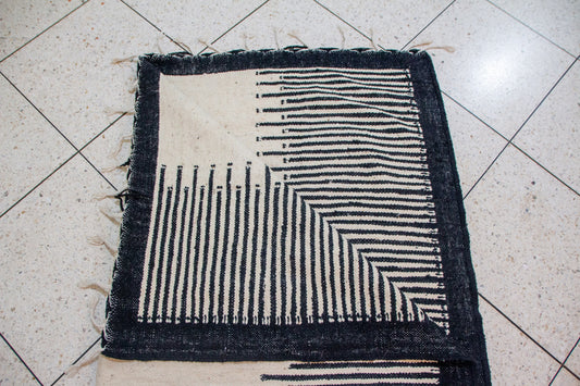 Zanafi Boujaad Flatweave — Indigo Ladder Border on Ivory