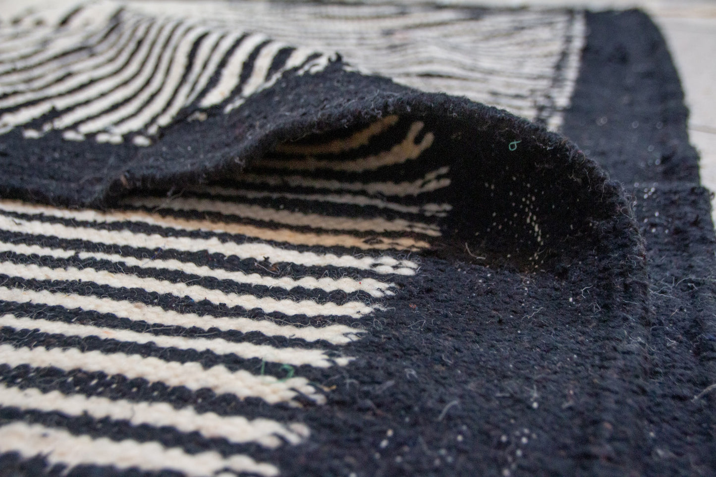 Zanafi Boujaad Flatweave — Indigo Ladder Border on Ivory
