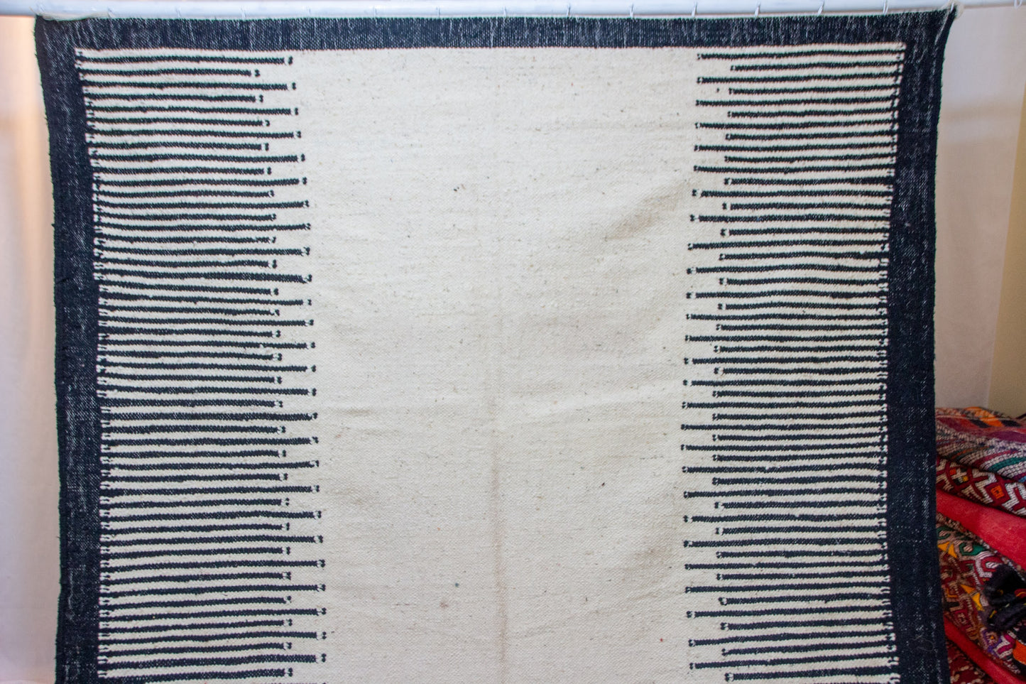 Zanafi Boujaad Flatweave — Indigo Ladder Border on Ivory