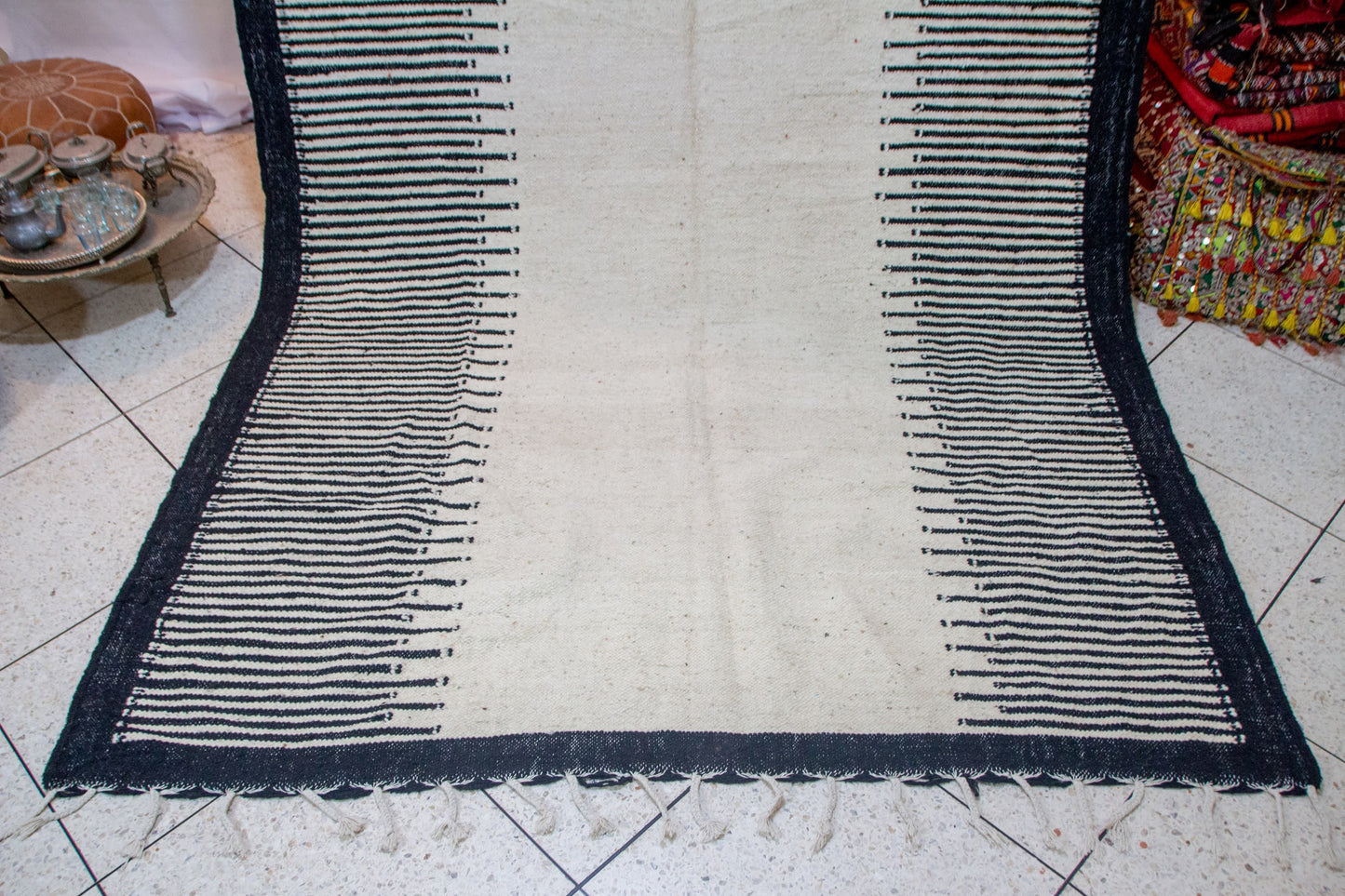 Zanafi Boujaad Flatweave — Indigo Ladder Border on Ivory