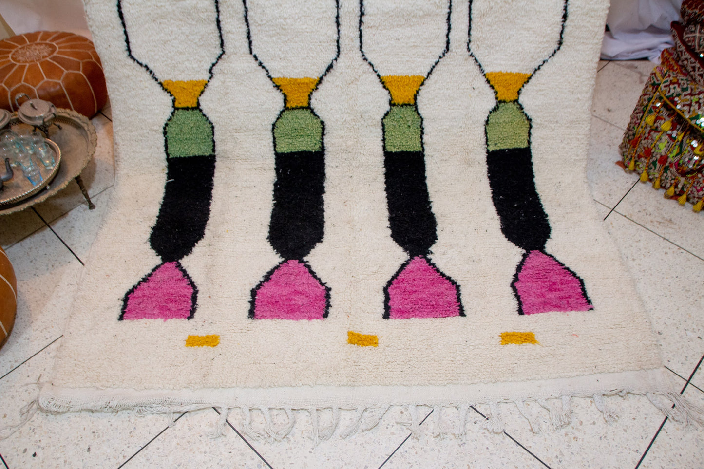 Boujaad Geometric Totems — Ivory Ground with Pink, Green & Saffron