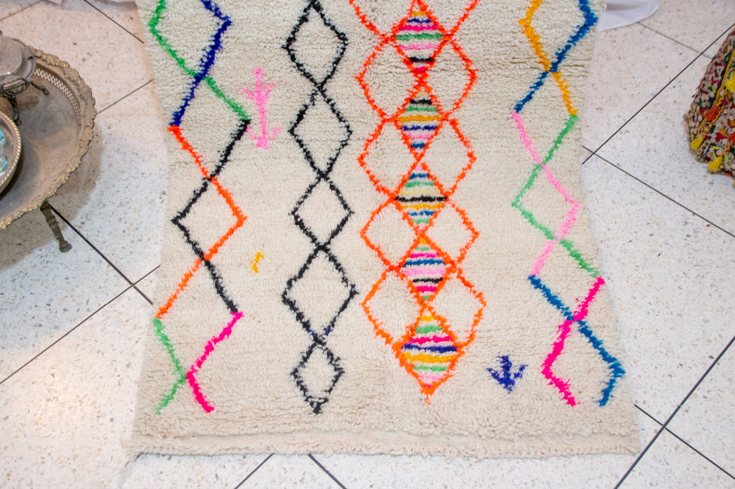 Azilal Square Rug — Ivory with Neon Lozenges