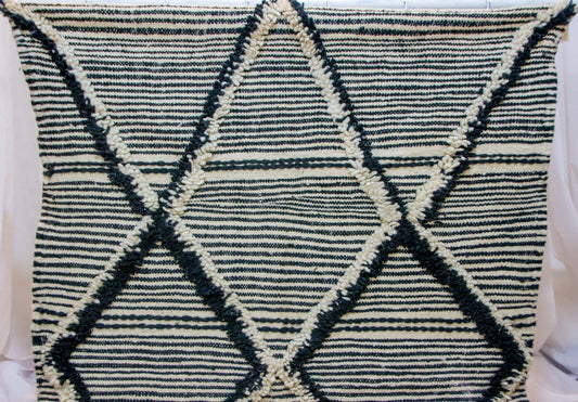 Boujaad Zanafi Kilim — Ink Diamond Lattice on Ivory Stripes