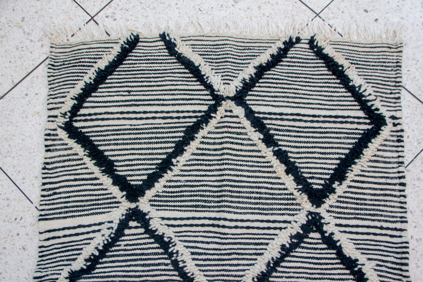 Zanafi Boujaad Runner — Wool Striped Flatweave with Raised Diamond Tufts
