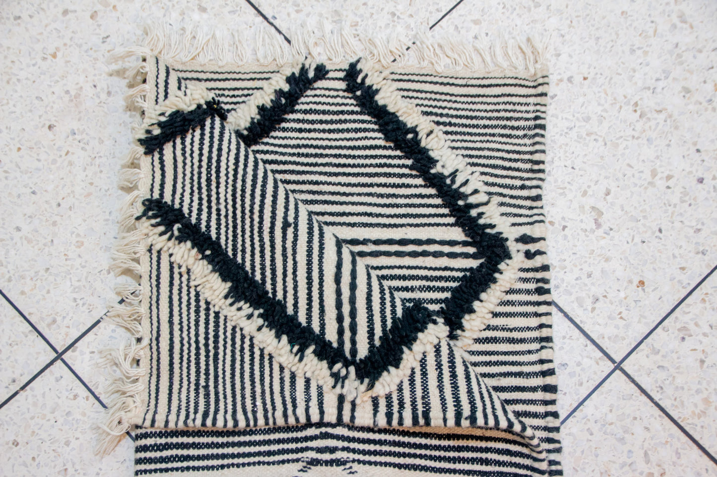 Boujaad Zanafi Kilim — Ink Diamond Lattice on Ivory Stripes