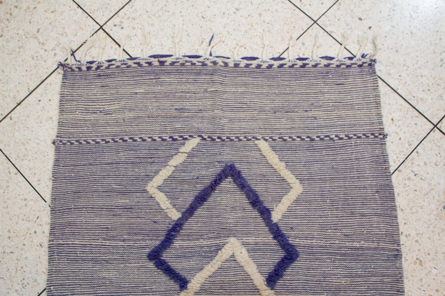 Zanafi Kilim — Heathered Indigo Stripes with Ivory/Indigo Lozenge Chain