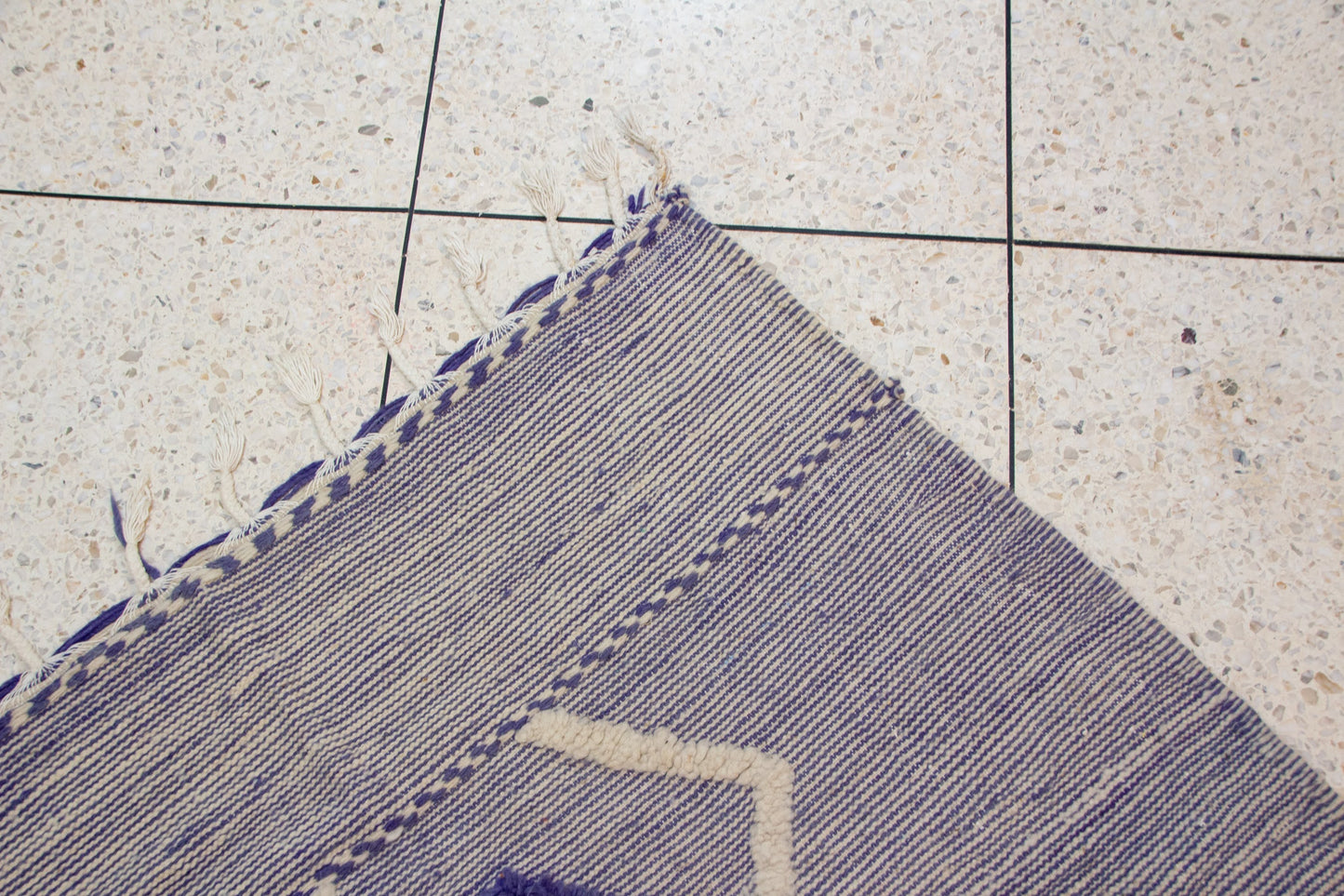 Zanafi Kilim — Heathered Indigo Stripes with Ivory/Indigo Lozenge Chain