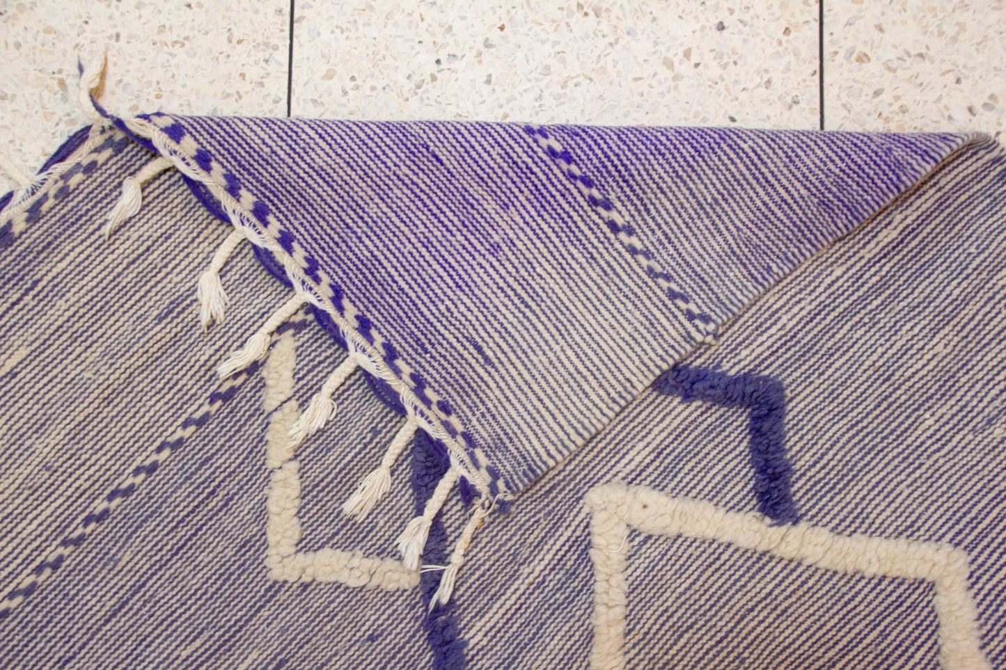 Zanafi Kilim — Heathered Indigo Stripes with Ivory/Indigo Lozenge Chain