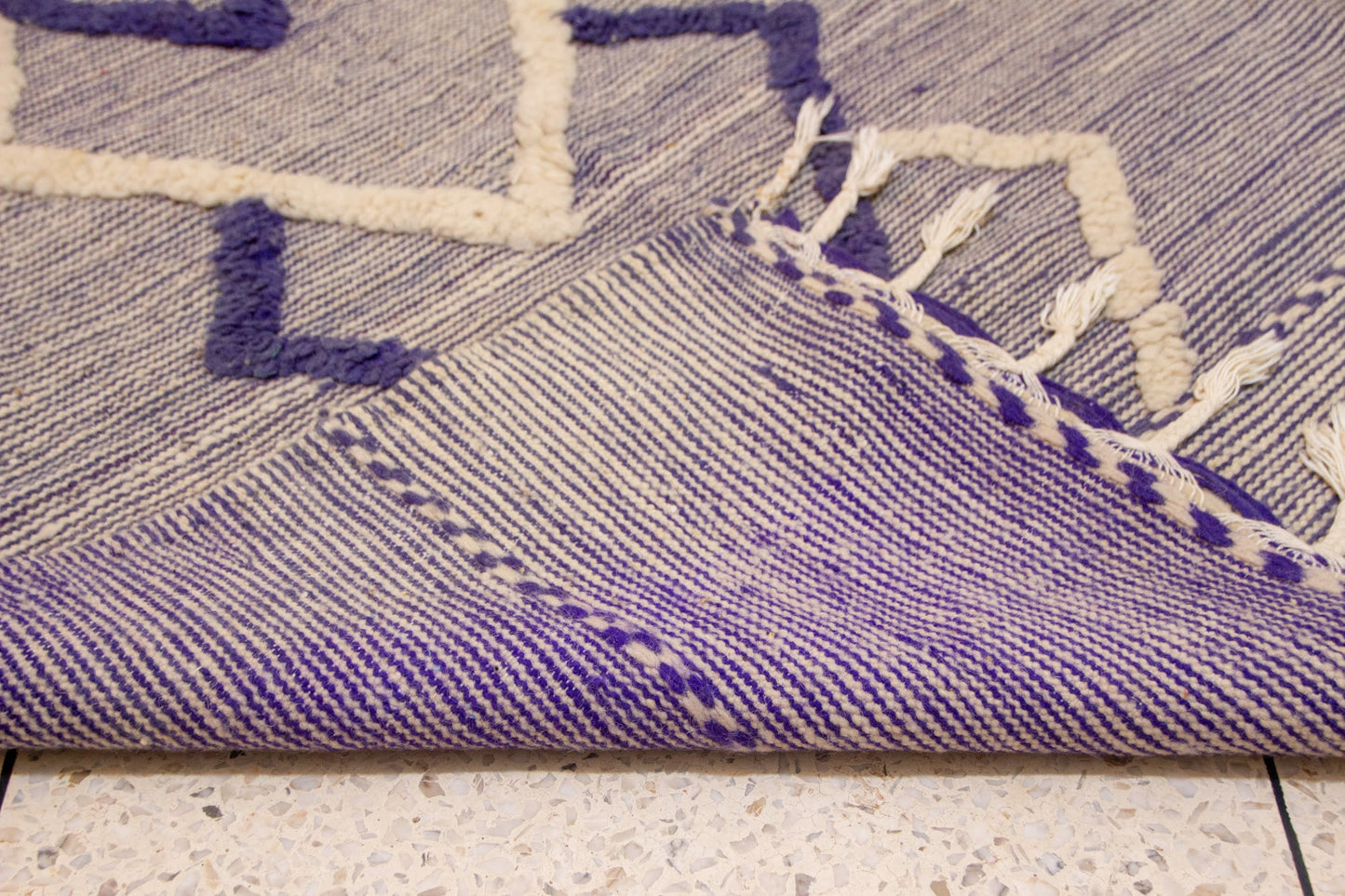 Zanafi Kilim — Heathered Indigo Stripes with Ivory/Indigo Lozenge Chain