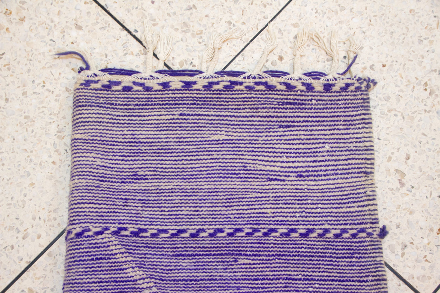 Zanafi Kilim — Heathered Indigo Stripes with Ivory/Indigo Lozenge Chain
