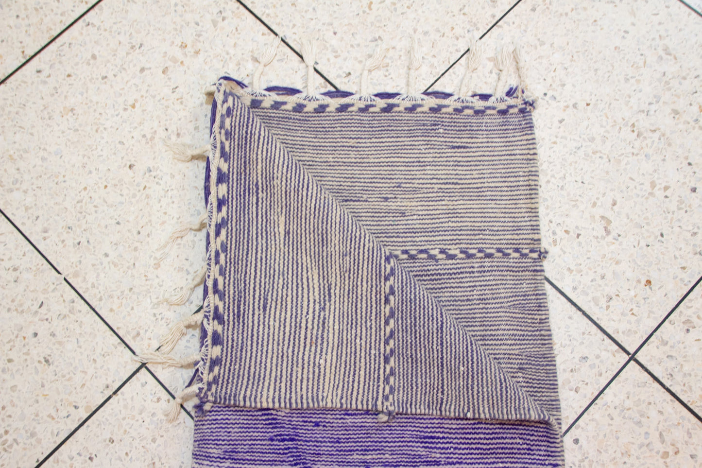 Zanafi Kilim — Heathered Indigo Stripes with Ivory/Indigo Lozenge Chain