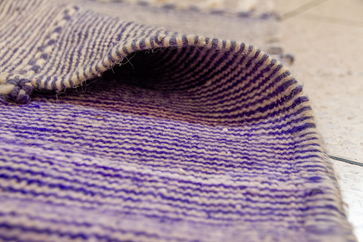 Zanafi Kilim — Heathered Indigo Stripes with Ivory/Indigo Lozenge Chain