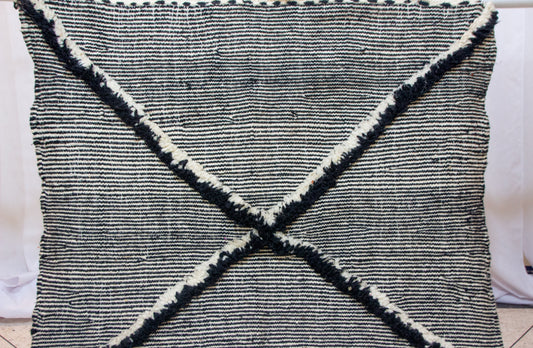 Zanafi Boujaad Kilim — Indigo Cross Panels on Ivory Stripes