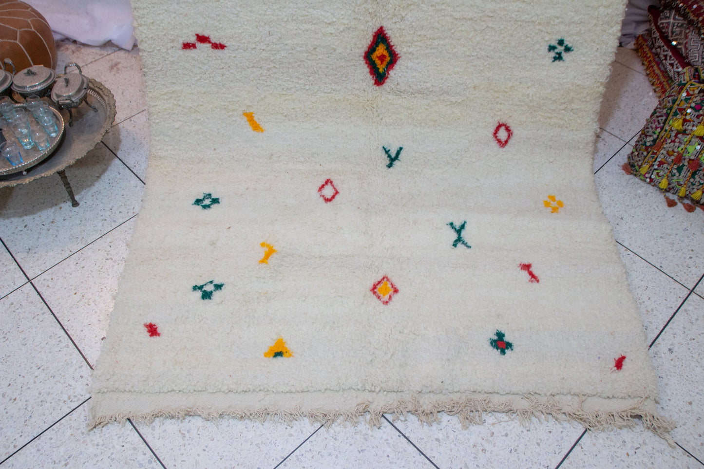 Azilal Scatter Glyphs — Ivory Wool with Saffron, Coral & Emerald Accents