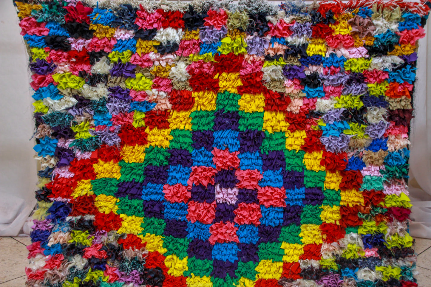 Boucherouite Sunburst Mosaic — Multicolor Reclaimed-Fabric Mat