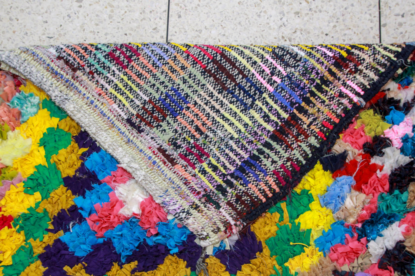 Boucherouite Sunburst Mosaic — Multicolor Reclaimed-Fabric Mat