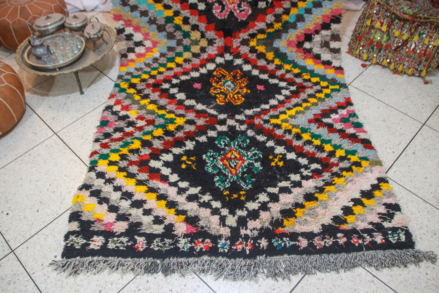 Boucherouite Chevron-Field with Jewel Medallions — Multicolor Reclaimed-Textile Rug