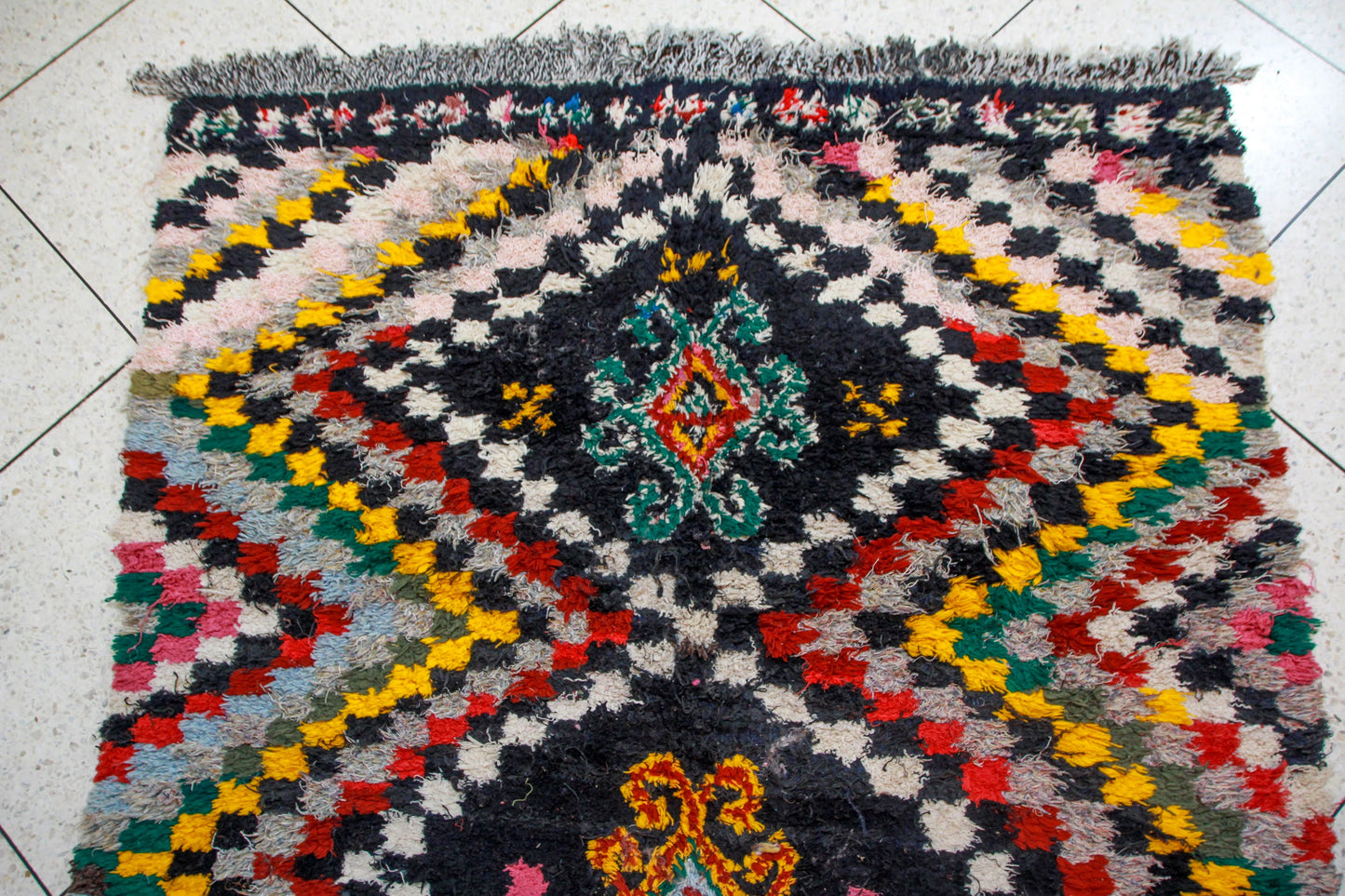 Boucherouite Chevron-Field with Jewel Medallions — Multicolor Reclaimed-Textile Rug