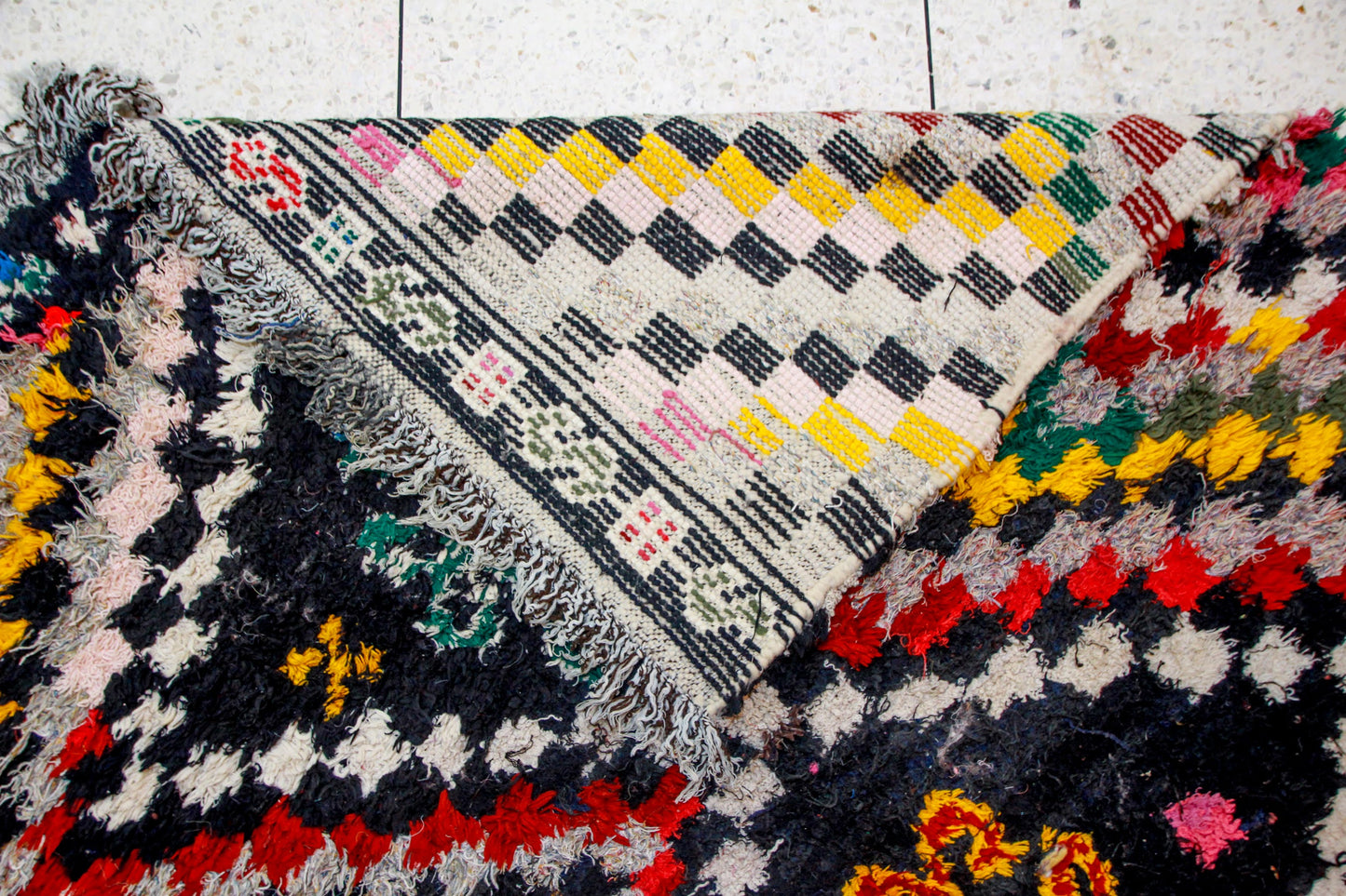 Boucherouite Chevron-Field with Jewel Medallions — Multicolor Reclaimed-Textile Rug