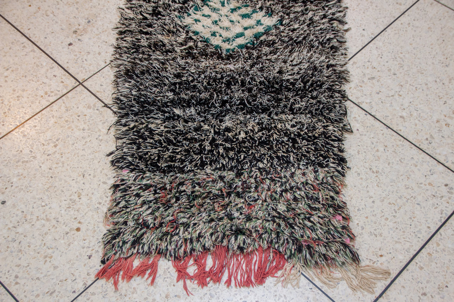 Boucherouite Stone-Field with Azure Diamond Totem — Reclaimed-Textile Runner
