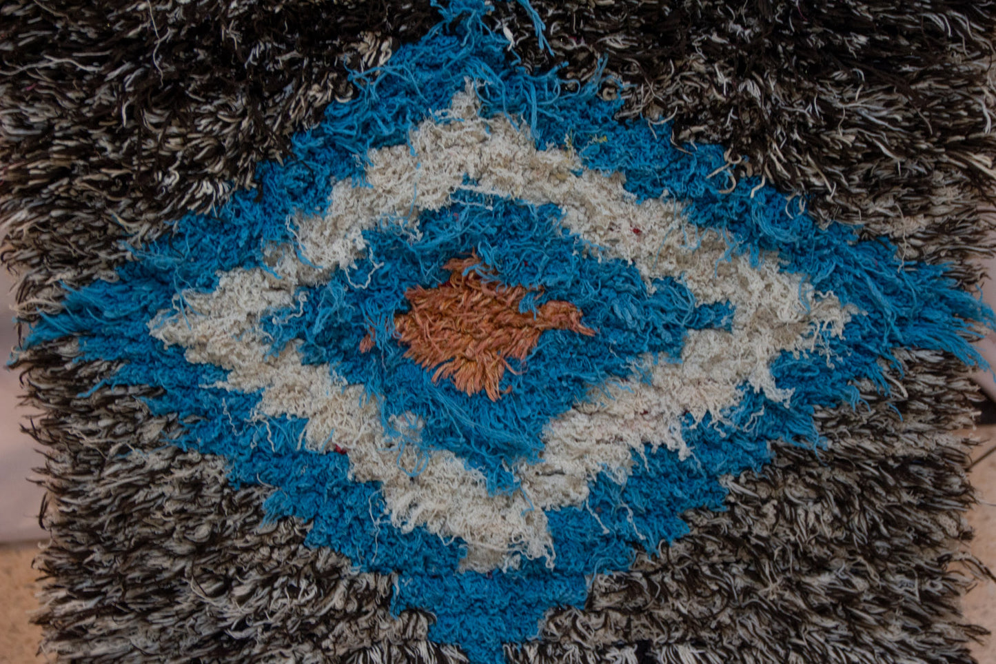 Boucherouite Stone-Field with Azure Diamond Totem — Reclaimed-Textile Runner