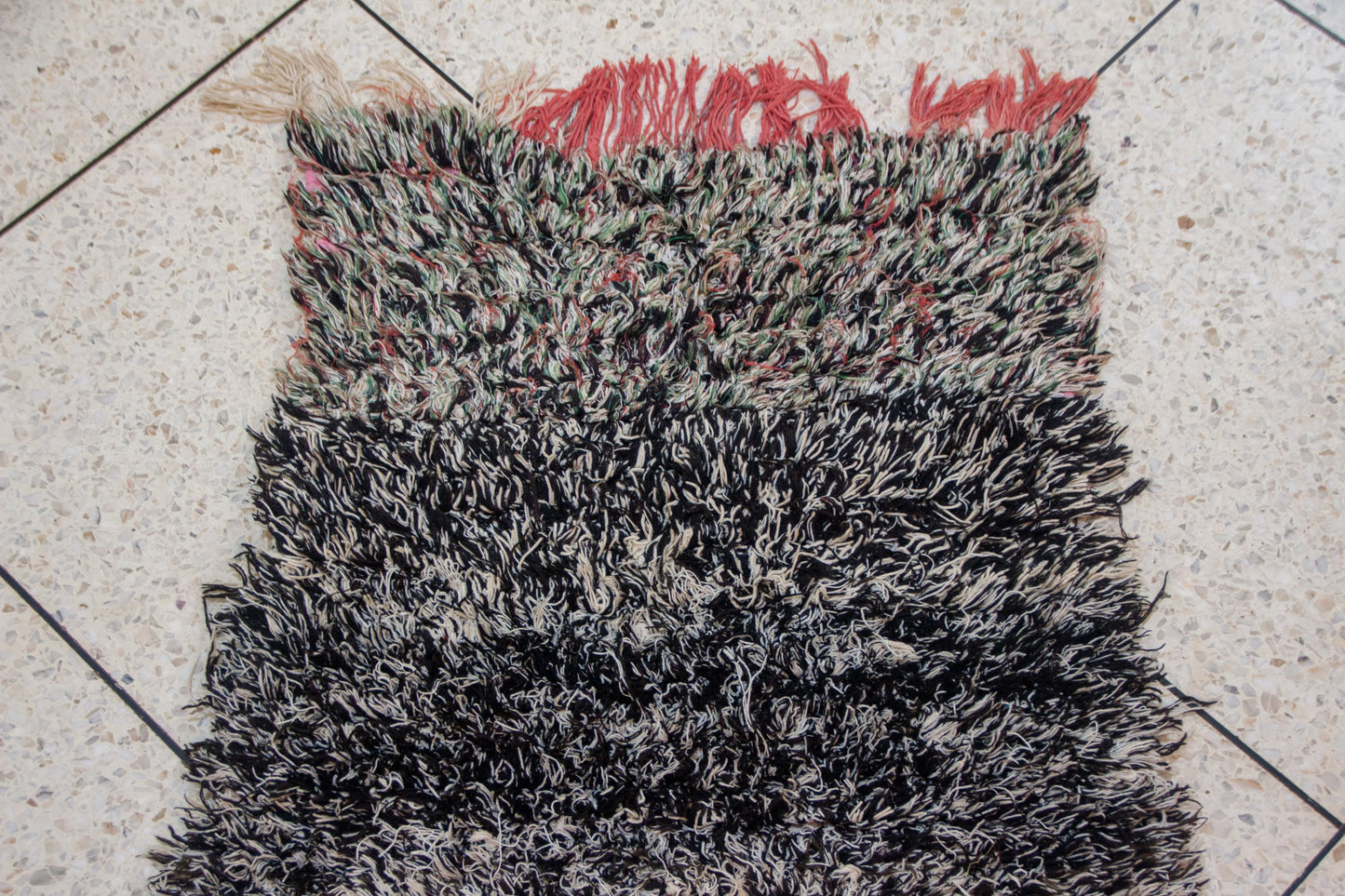Boucherouite Stone-Field with Azure Diamond Totem — Reclaimed-Textile Runner