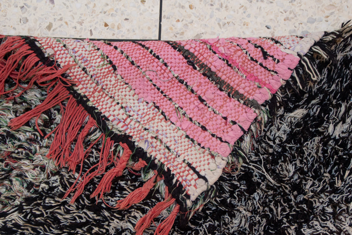 Boucherouite Stone-Field with Azure Diamond Totem — Reclaimed-Textile Runner