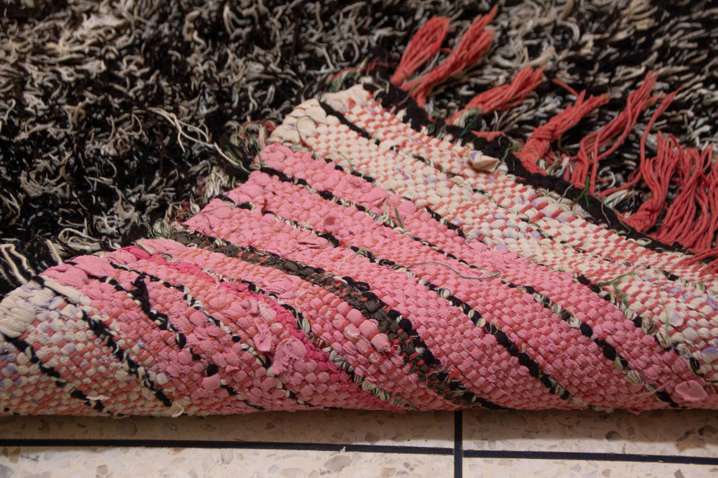 Boucherouite Stone-Field with Azure Diamond Totem — Reclaimed-Textile Runner