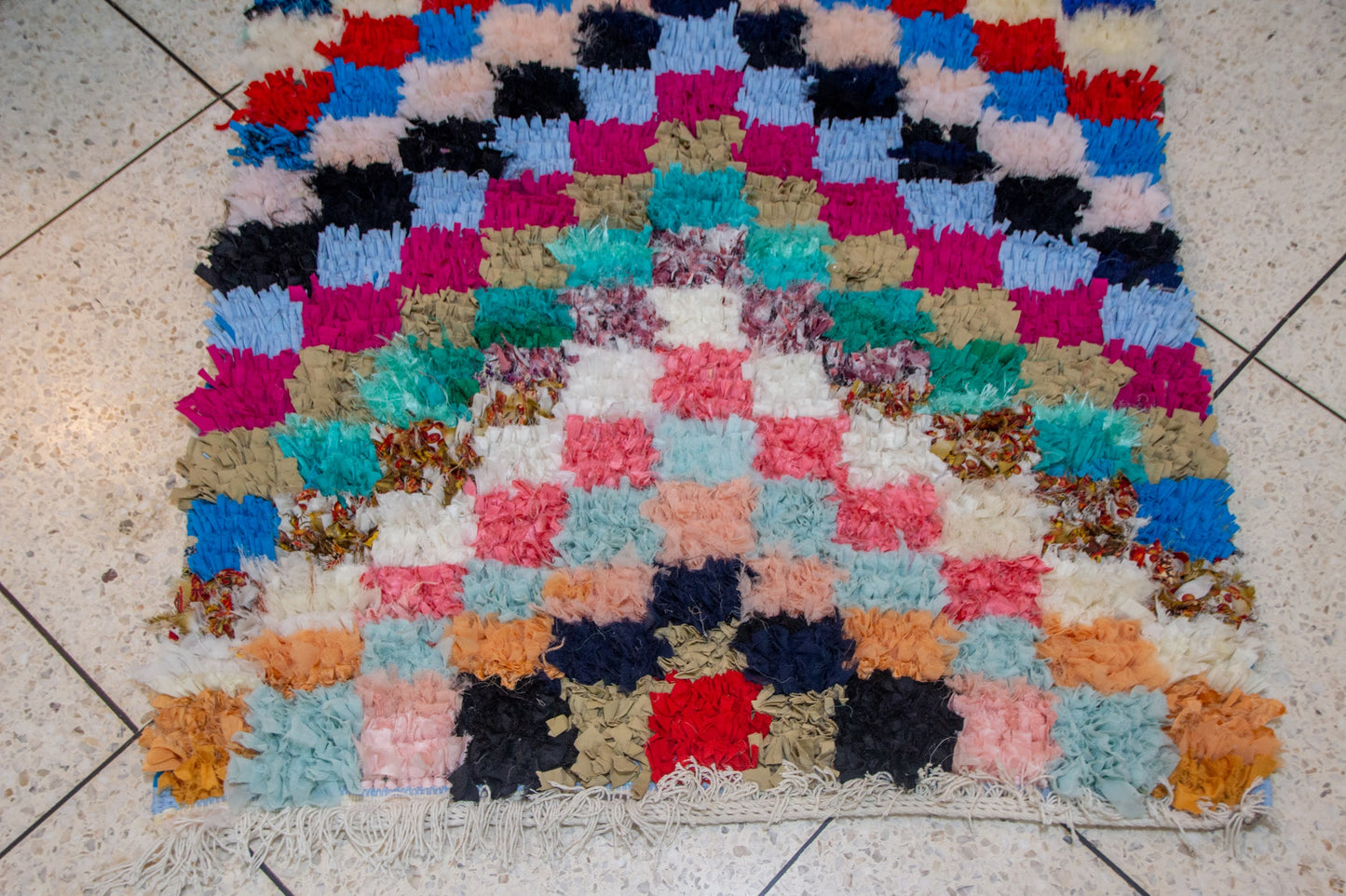 Boucherouite Mosaic Runner — Multicolor Reclaimed-Textile Checker