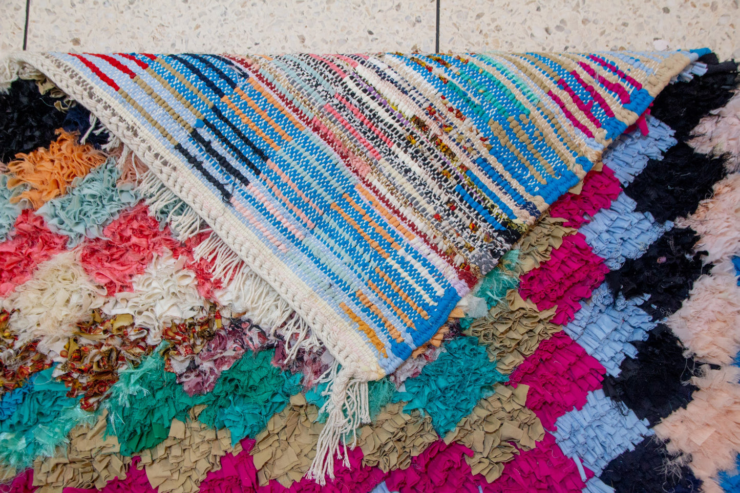 Boucherouite Mosaic Runner — Multicolor Reclaimed-Textile Checker