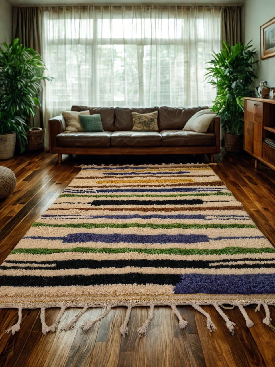 Living room with a colorful striped rug, brown sofa, and plants.