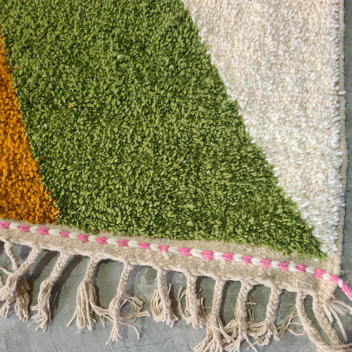 Boujaad Abstract Color-Block — Fig, Olive, Saffron & Sky on Ivory Wool