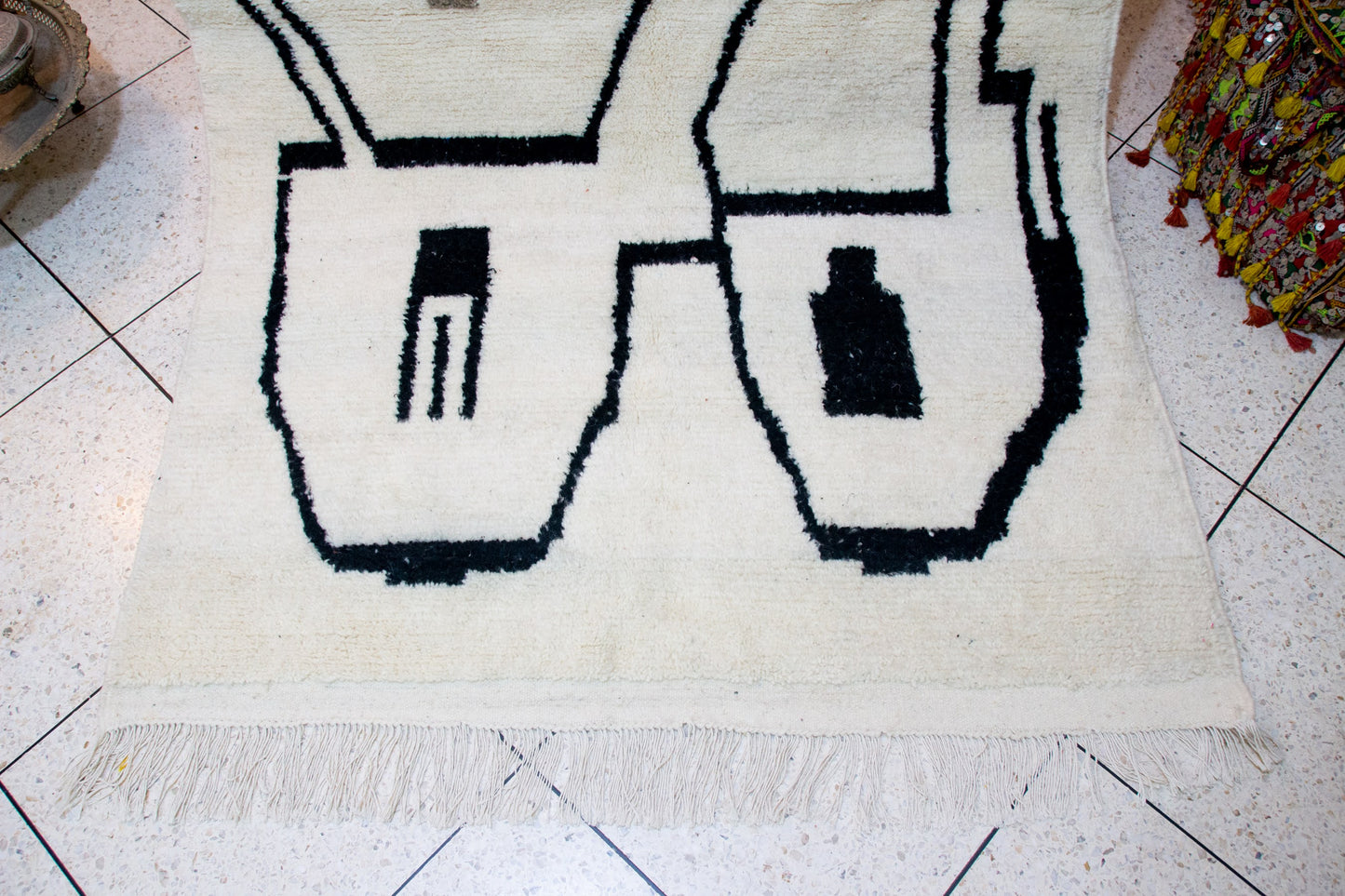 Azilal Abstract Skyline — Ivory Wool with Black & Taupe Motifs