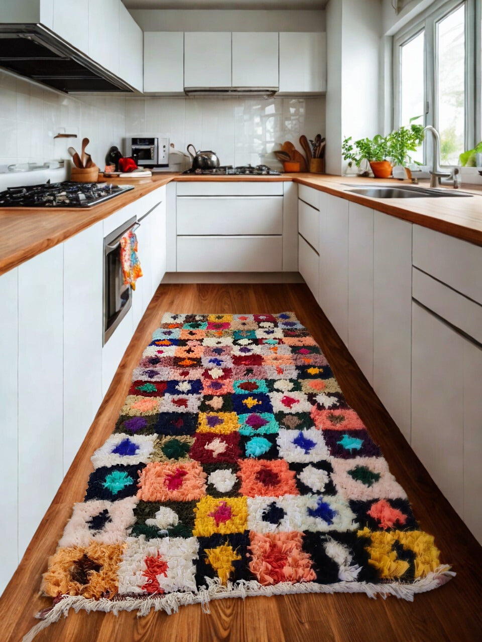 Colorful kitchen rug on a wooden floor with white cabinets and appliances.